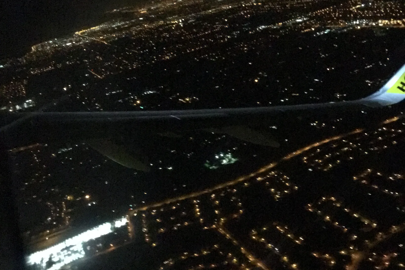 The lights of Broward County seen at night from an airplane over Fort Lauderdale.
