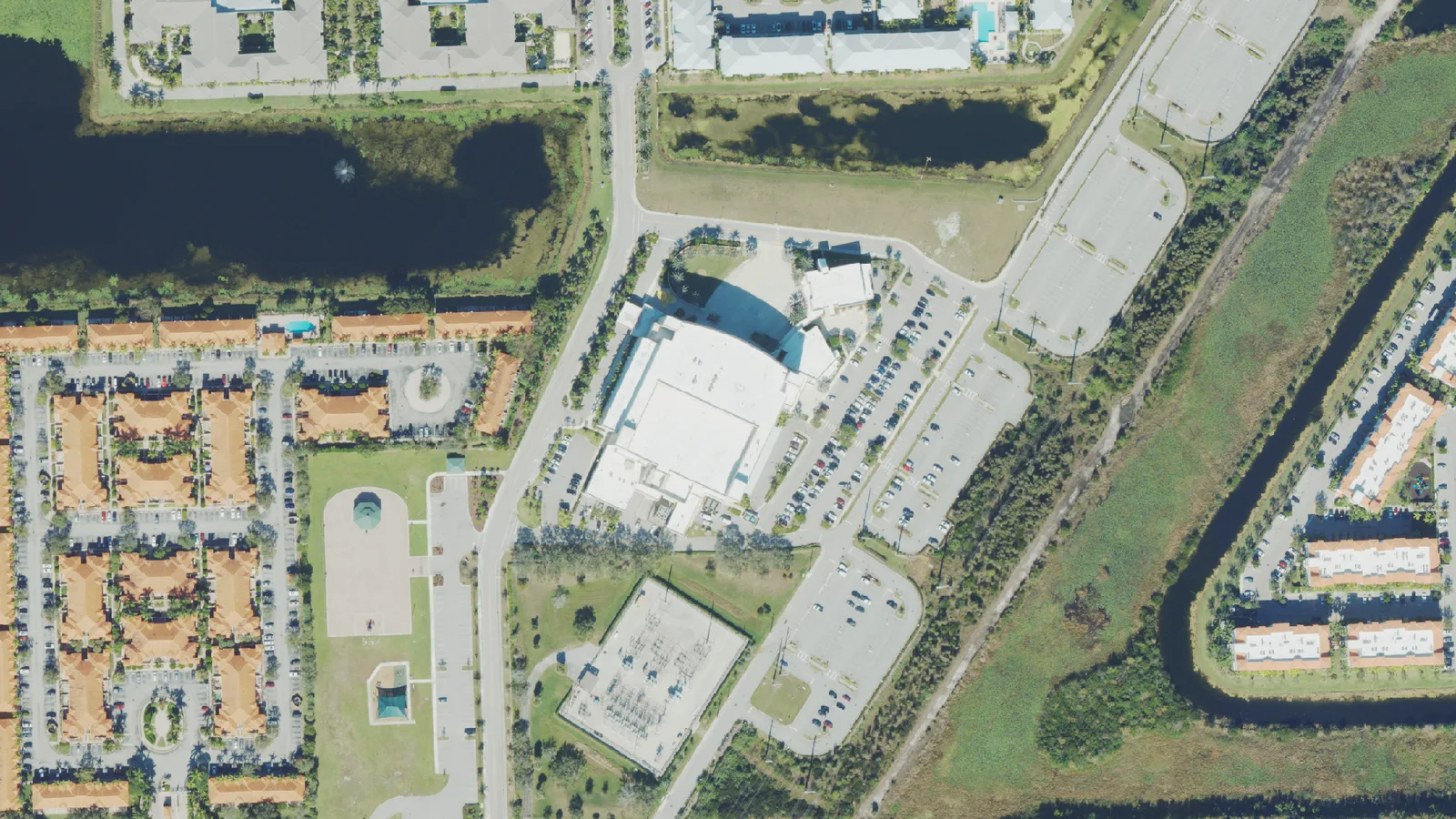 The Charles F. Dodge City Center, Pembroke Pines City Hall, on City Center Way, seen from the air.