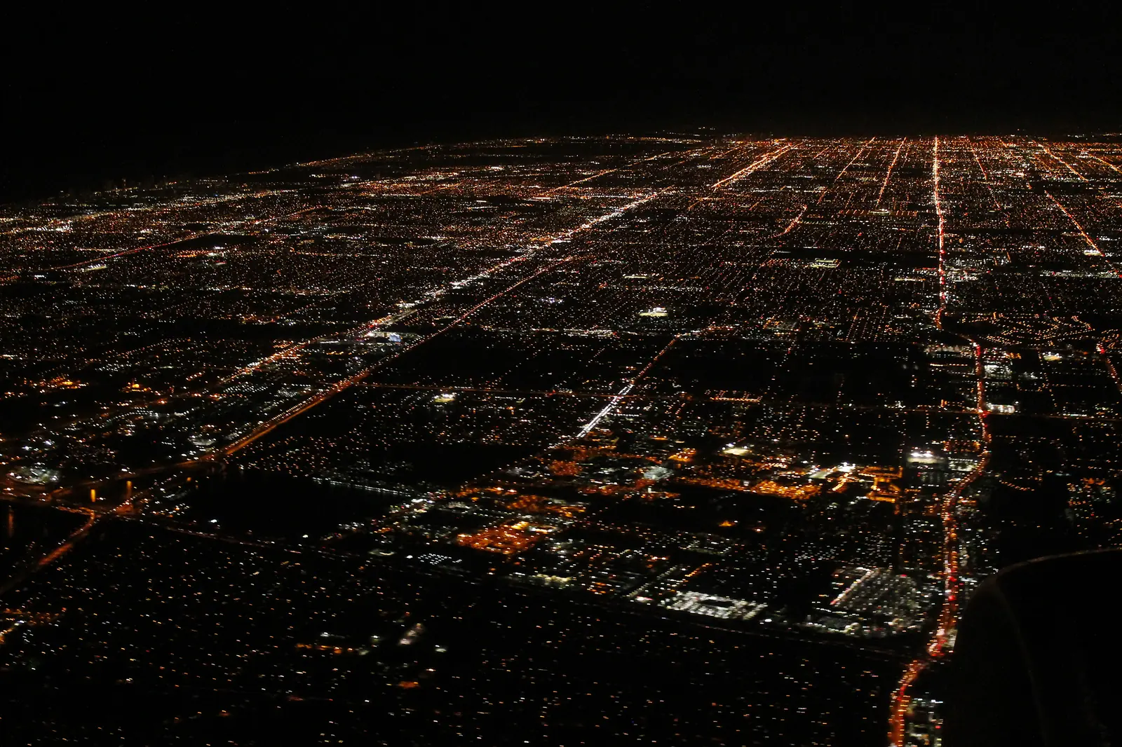 The lights of Hollywood, Pembroke Pines and Davie seen from a plane landing at Fort Lauderdale-Hollywood International Airport.