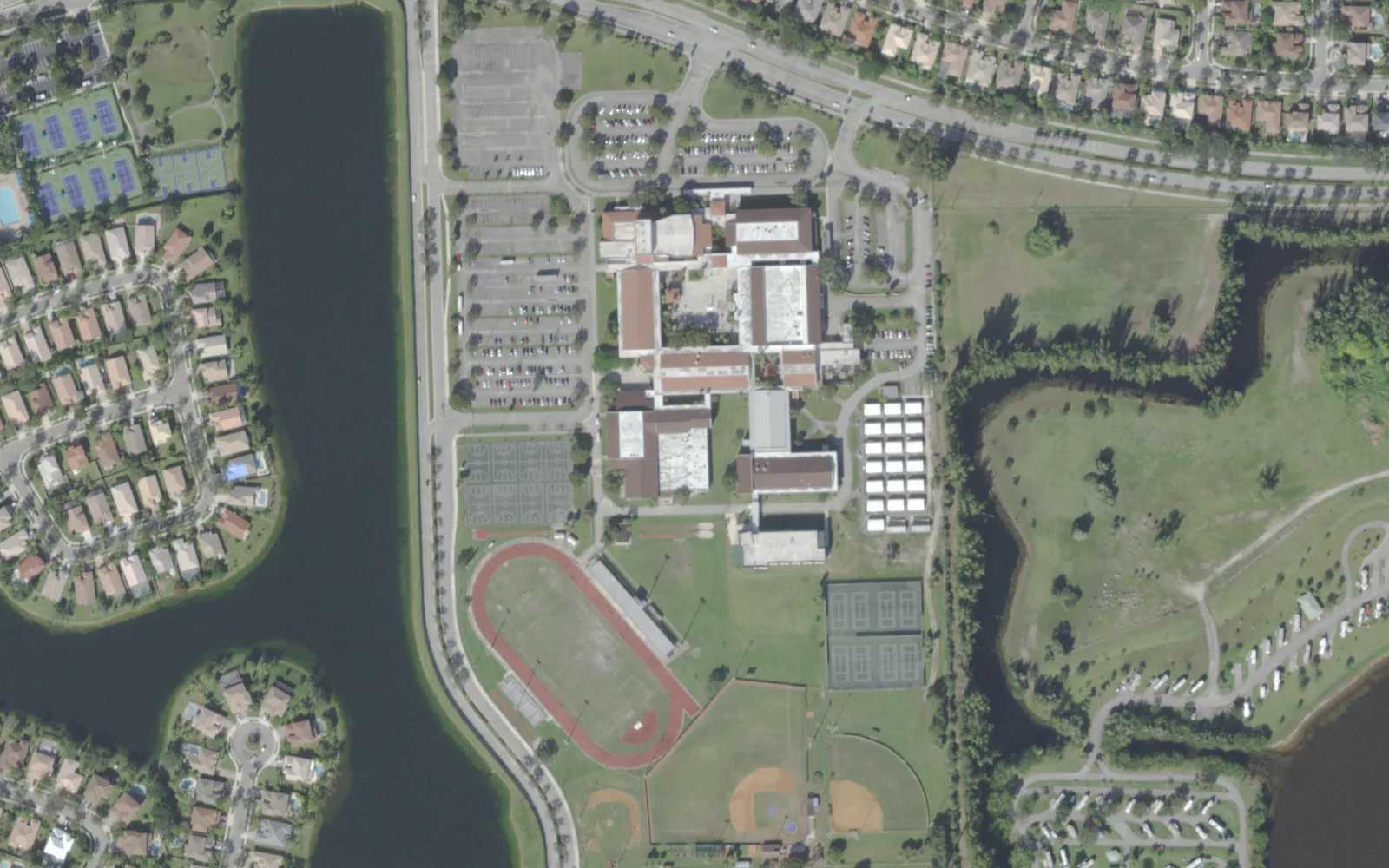 Charles W. Flanagan High School's campus on Taft Street in Pembroke Pines, seen from the air