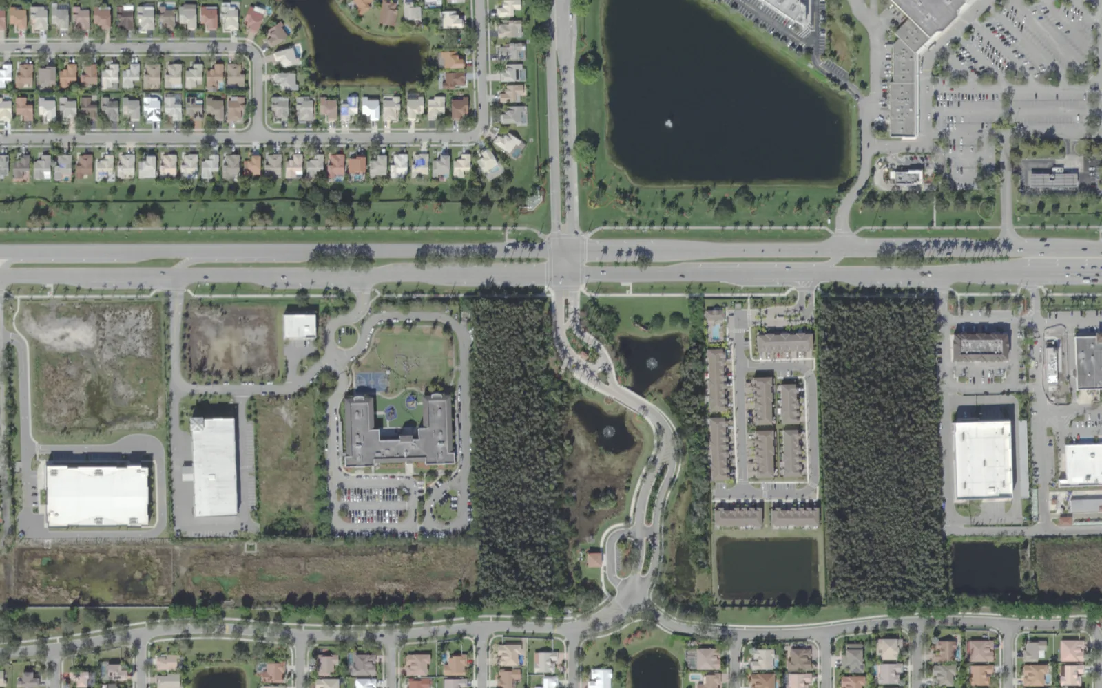 Pines Boulevard in west Pembroke Pines around the Franklin Academy K-8 campus, seen from the air