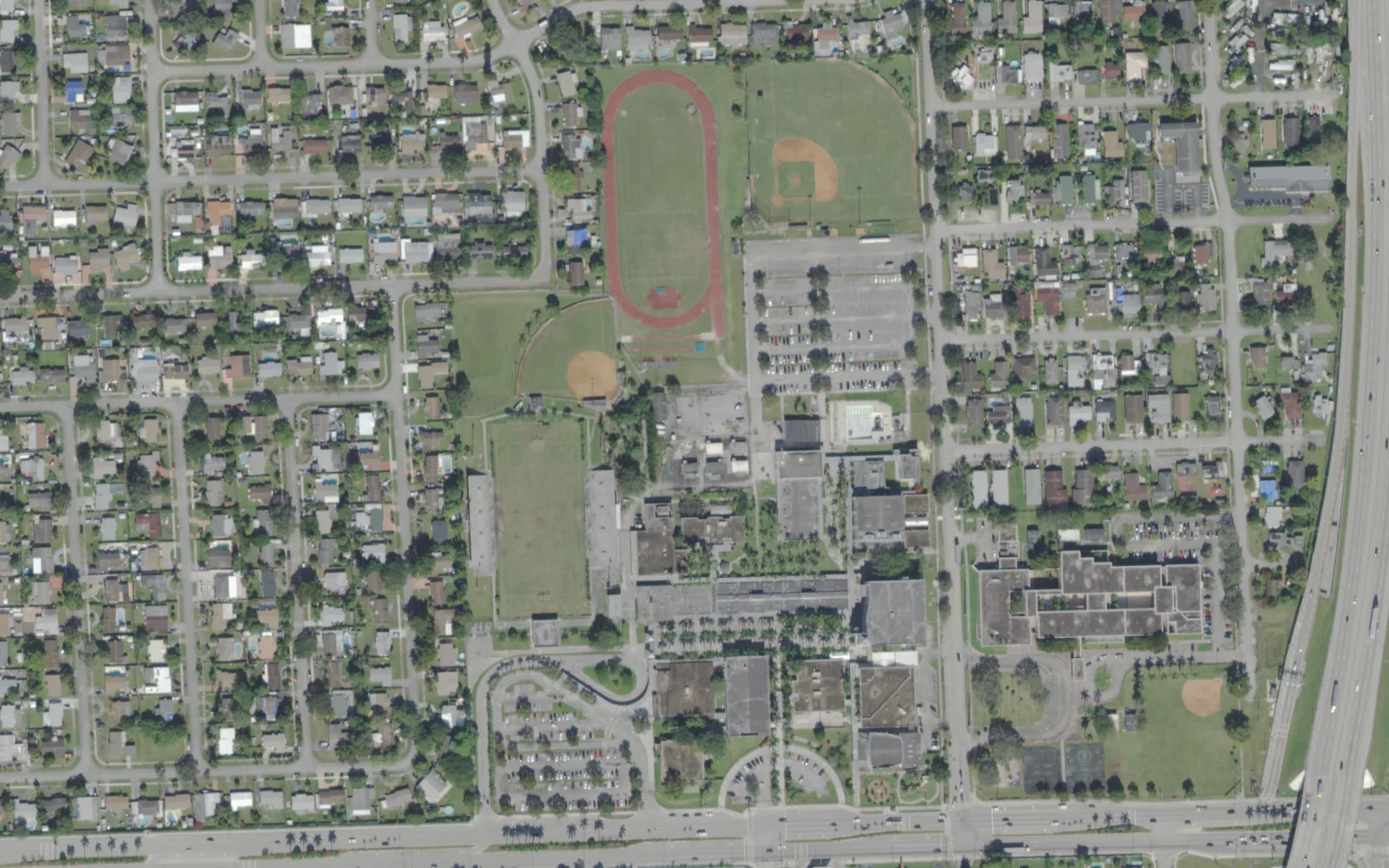 McArthur High School's campus on Hollywood Boulevard in Hollywood, seen from the air