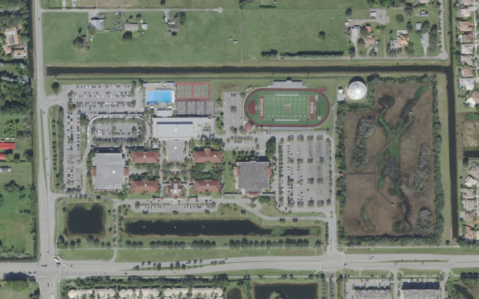 The Academic Village campus on Sheridan Street in Pembroke Pines, home of Pembroke Pines Charter High School, seen from the air