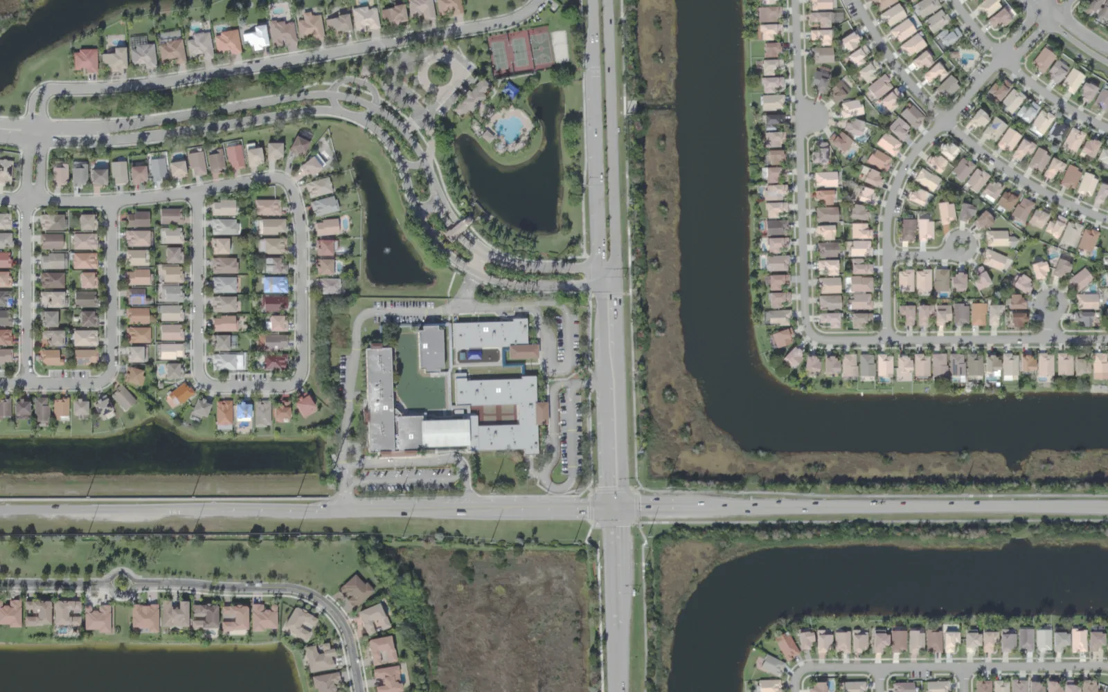 The Pembroke Pines Charter West Middle School campus on Pembroke Road, seen from the air