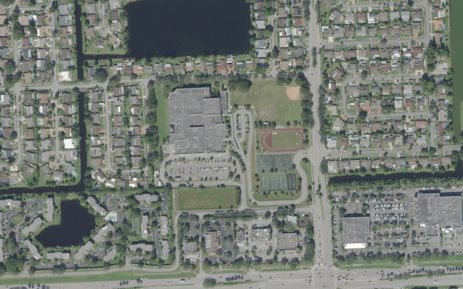 The Pines Collegiate Academy 6-12 campus on North Douglas Road in Pembroke Pines, seen from the air